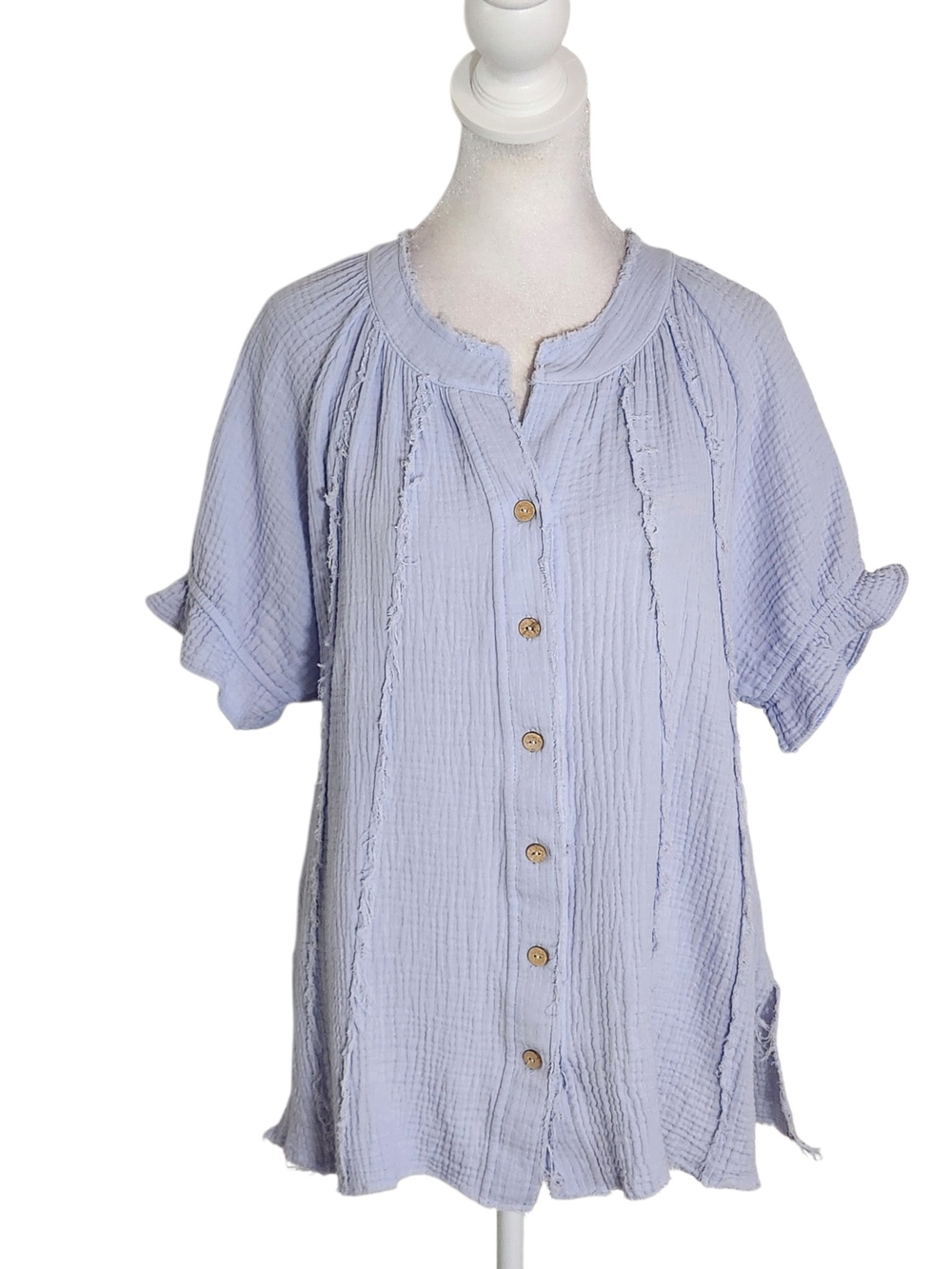 New In Blue Cotton Gauze Button Down Shirt with Raw Edge Detail Size Large